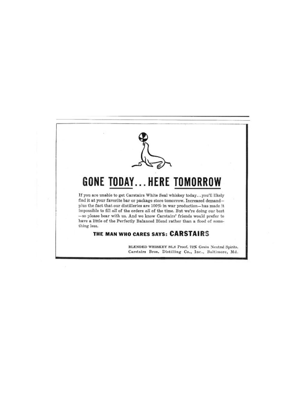 Print Ad Carstairs White Seal Whiskey Gone Today Here Tomorrow Vintage 1940s AD